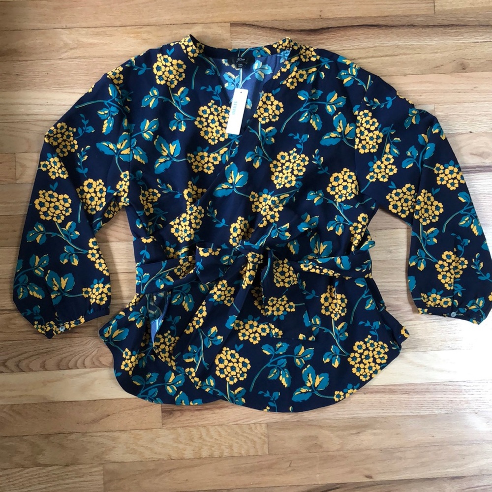 J. Crew Navy Blue Floral Wrap Blouse with Yellow Flowers